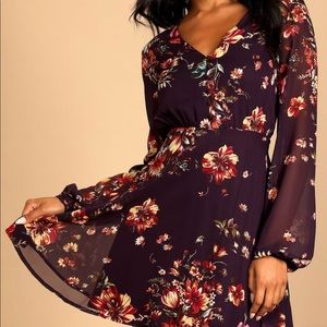 Lulus Plum Floral Long Sleeved Skater Dress